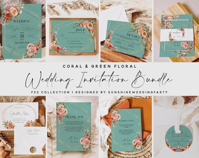 Coral and Green Wedding Invitation Bundle, Wedding Invitation Kit, Wedding Invite Suite, Wedding Invite Set, Editable Template, F22