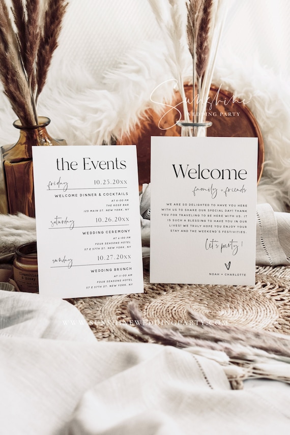 Wedding Weekend Events Itinerary Card Template, Modern Minimalist, Wedding Events Timeline, Wedding Welcome Bag Note, Wedding Schedule, M15