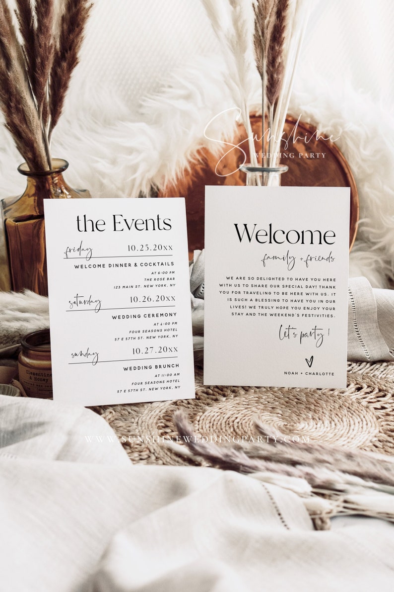 May include: Two white cards with black text. The card on the left lists the events for a wedding weekend, including a welcome dinner, wedding ceremony, and wedding brunch. The card on the right is a welcome message for family and friends, with the text "Let's party!" and the couple's names, Noah and Charlotte.