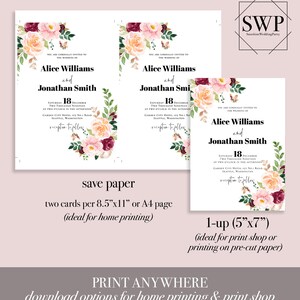 May include: Two printable wedding invitation cards with floral designs. The cards are 8.5 inches by 11 inches and 5 inches by 7 inches. The text on the cards reads "You are cordially invited to the wedding of Alice Williams and Jonathan Smith. Saturday, December 18, Two Thousand Nineteen, at Two o'clock in the afternoon, Garden City Hotel, 123 No. Road, Seattle, Washington. Reception to follow."