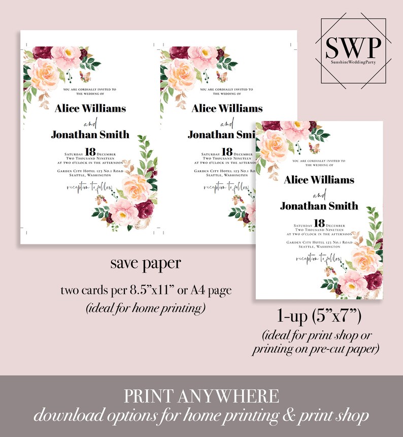 May include: Two printable wedding invitation cards with floral designs. The cards are 8.5 inches by 11 inches and 5 inches by 7 inches. The text on the cards reads "You are cordially invited to the wedding of Alice Williams and Jonathan Smith. Saturday, December 18, Two Thousand Nineteen, at Two o'clock in the afternoon, Garden City Hotel, 123 No. Road, Seattle, Washington. Reception to follow."