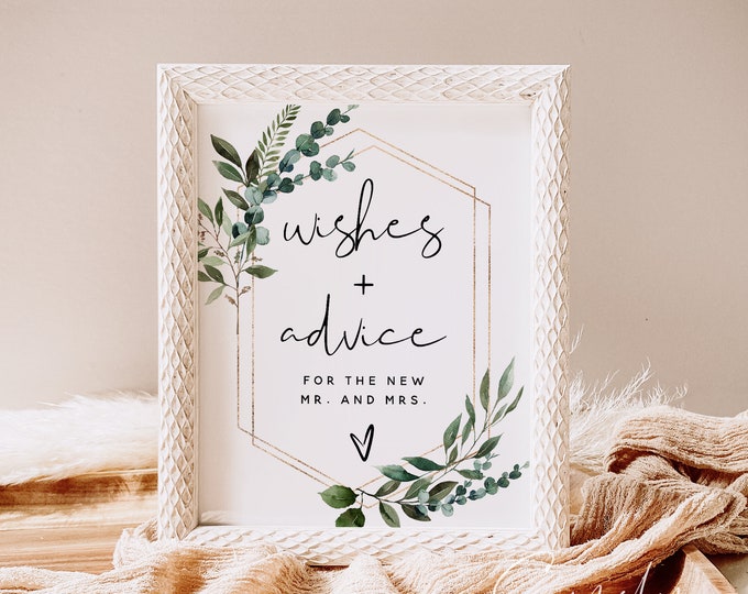 Greenery Advice For The Bride and Groom Sign Template, Advice and Wishes Sign, Modern Wedding Advice Wishes Cards, Instant Download, G5