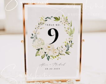 White Floral Wedding Table Number Sign Template, Printable Wedding Table Number Card Template, Editable Sign, Instant Download, Templett, F7