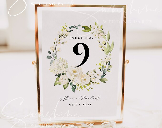 White Floral Wedding Table Number Sign Template, Printable Wedding Table Number Card Template, Editable Sign, Instant Download, Templett, F7