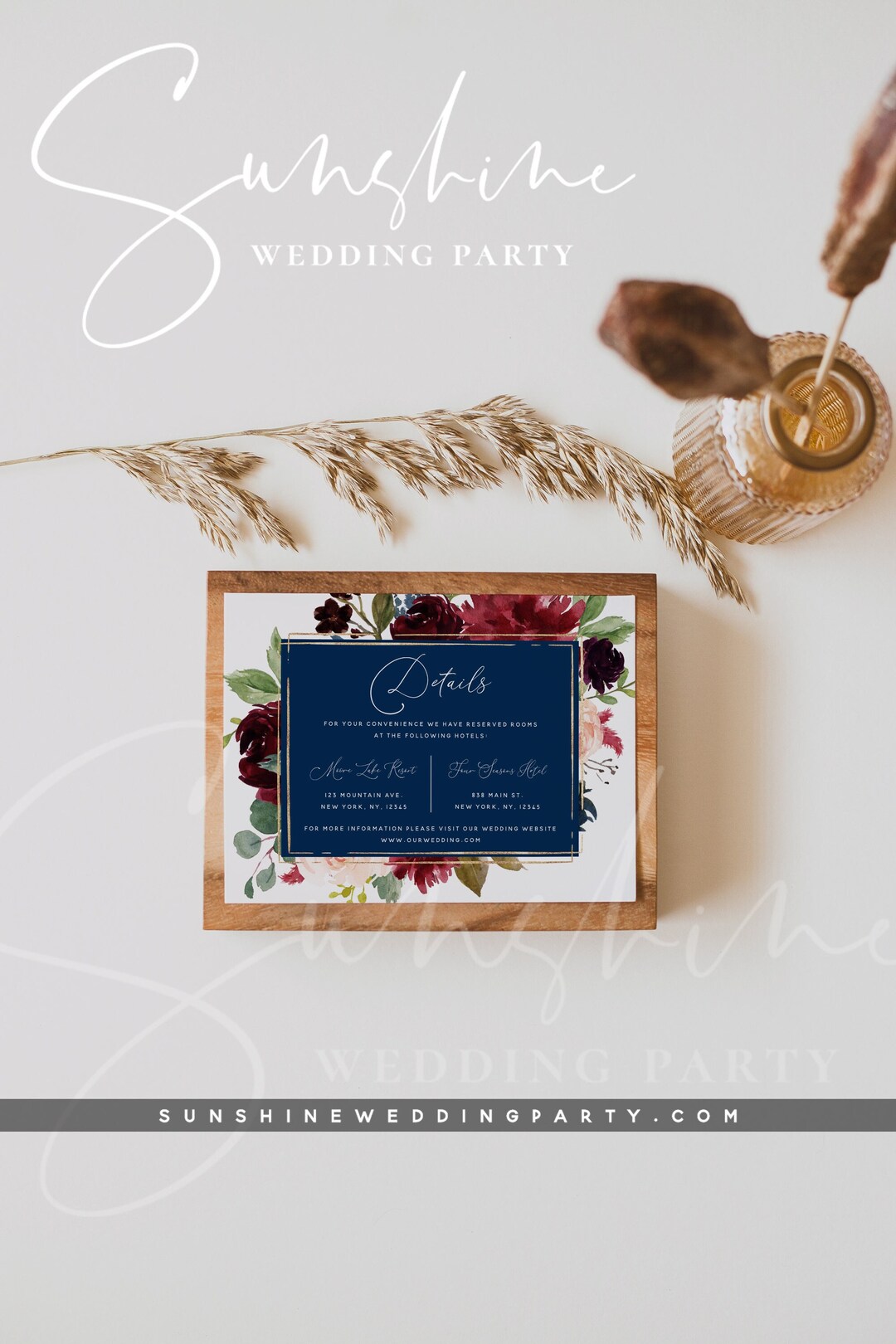 Navy Burgundy Wedding Details Card Template, Marsala Wedding ...