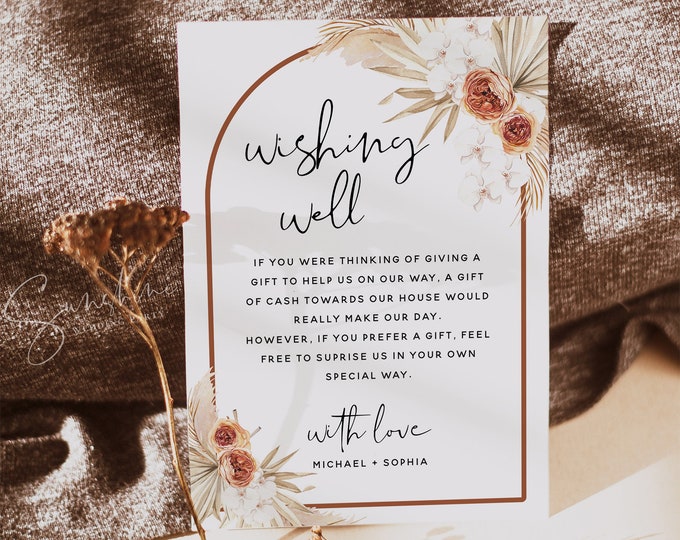 Terracotta Wedding Wishing Well Card Template, Pampas Grass, Boho Floral Wedding, Wishing Well Sign, Wishing Well Card, Digital Download, T4