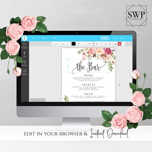 May include: A printable wedding bar sign with a floral design. The sign lists the drinks available at the bar, including wine, spirits, and beer. The text on the sign reads "the Bar".