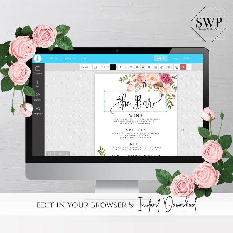 May include: A printable wedding bar sign with a floral design. The sign lists the drinks available at the bar, including wine, spirits, and beer. The text on the sign reads "the Bar".