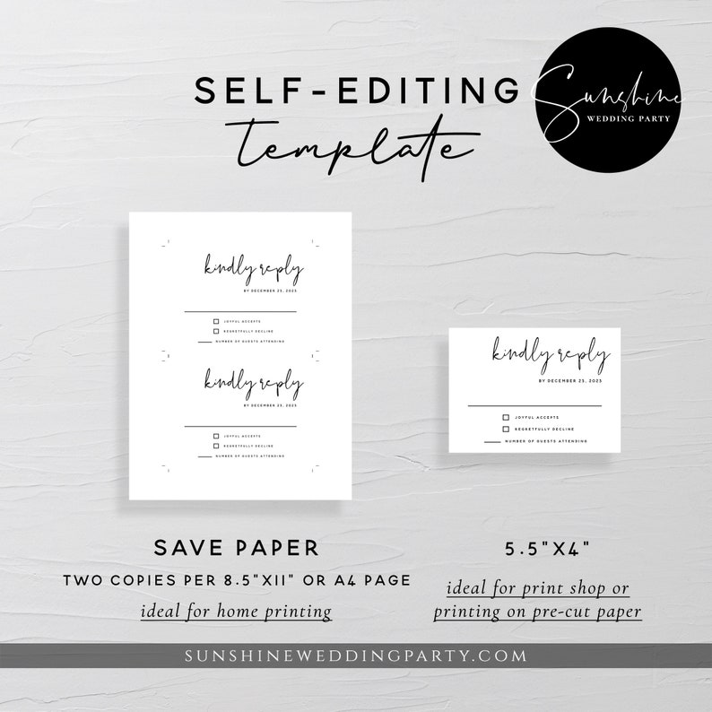 May include: A white wedding RSVP card template with the words "kindly reply" in a handwritten font. The template includes checkboxes for acceptance or decline, and a space for the number of guests. The text "SELF-EDITING Template" is at the top.