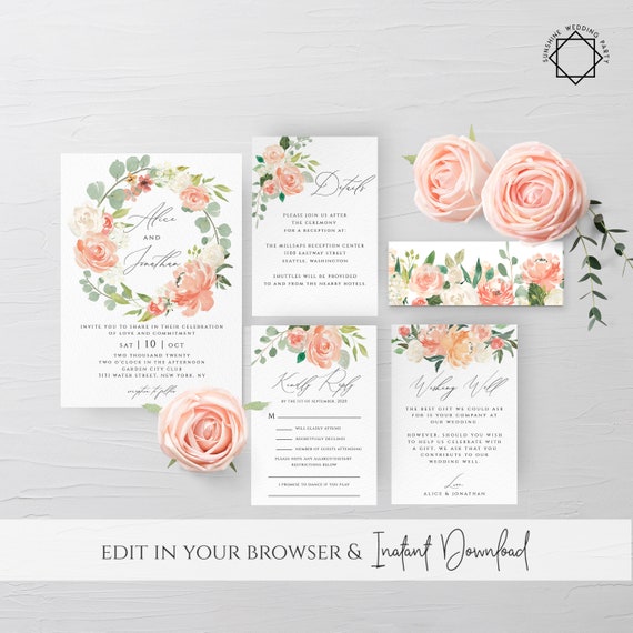 Peach Floral Wedding Invitation Template Printable Editable Etsy UK