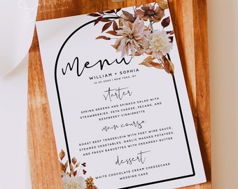Boho Fall Leaves Wedding Menu Template, Autumn Wedding, Dinner Menu Card Template, Printable Menu, Editable Template, Instant Download, F29