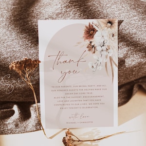 Plantilla de tarjeta de agradecimiento de terracota, hierba de la pampa, tarjetas de agradecimiento florales, tarjetas de agradecimiento, tarjetas imprimibles, plantilla editable para hacer uno mismo, F24