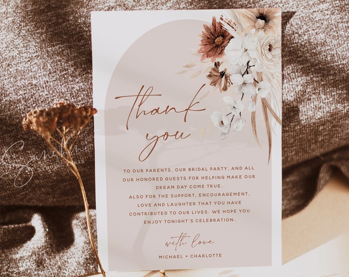 Terracotta Thank You Card Template, Pampas Grass, Floral Thank You Cards, Thank You Note Cards, Printable Cards, DIY Editable Template, F24