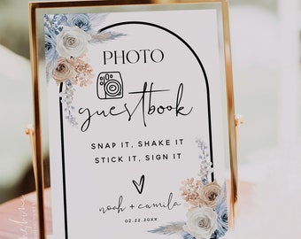 Dusty Blue Champagne Photo Guestbook Sign Template, Guest Book Sign, Floral Wedding, Guestbook Sign, Printable Sign, Editable Sign, F23