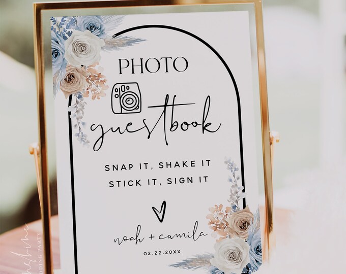 Dusty Blue Champagne Photo Guestbook Sign Template, Guest Book Sign, Floral Wedding, Guestbook Sign, Printable Sign, Editable Sign, F23