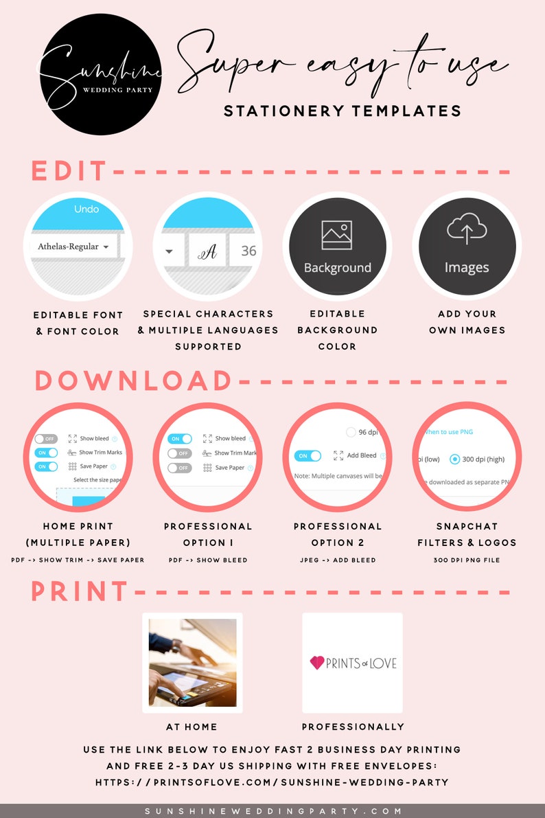 May include: A pink and white graphic with the text "Sunshine Wedding Party" in black cursive font. The graphic also includes the text "Super easy to use Stationery Templates" in black text. The graphic shows different options for editing, downloading, and printing wedding stationery.