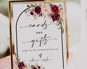Cards and Gifts Sign Template, Bohemian Dusty Pink Burgundy Floral Wedding, Printable Sign, Baby Shower, Bridal Shower, Instant Download, F2