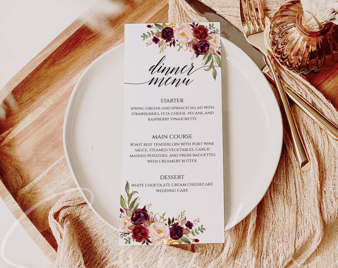 Printable Wedding Menu Marsala menu floral menu Menu template Marsala Floral Wedding Menu Cards Menu Cards for Wedding 4x9 editable Templett