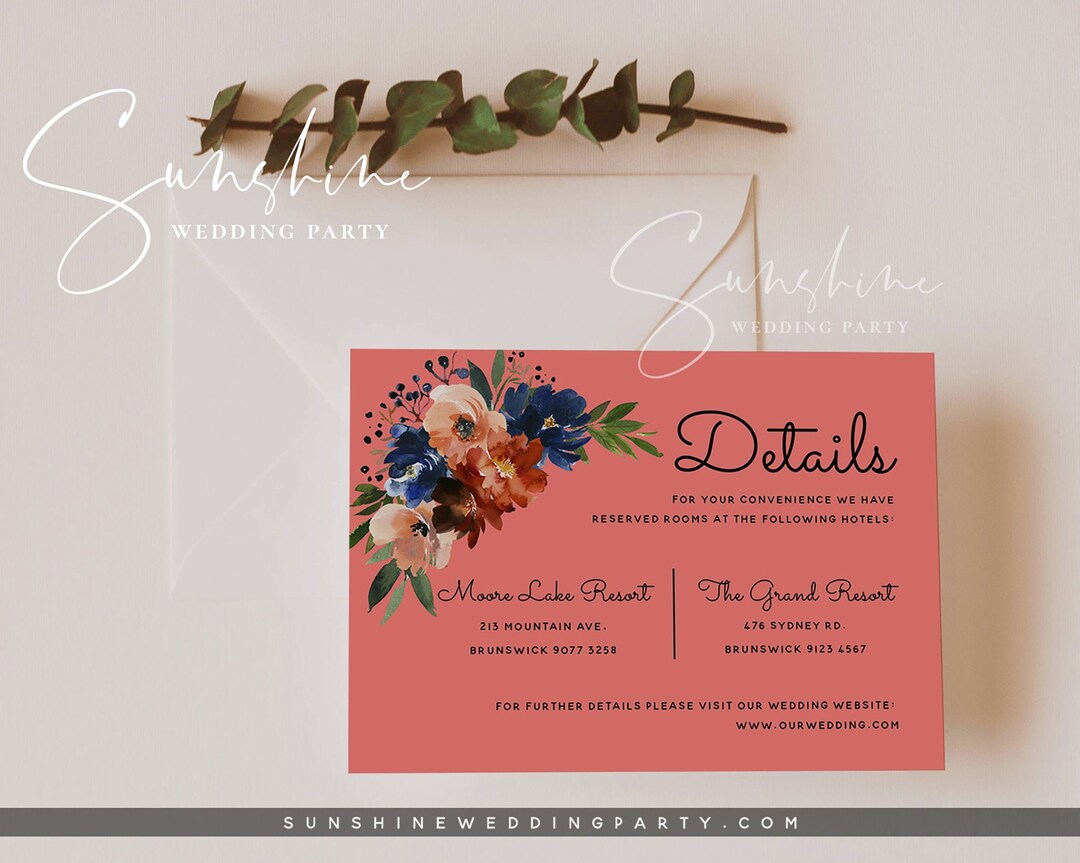Navy & Coral Wedding Details Card Template, Printable Floral Wedding ...