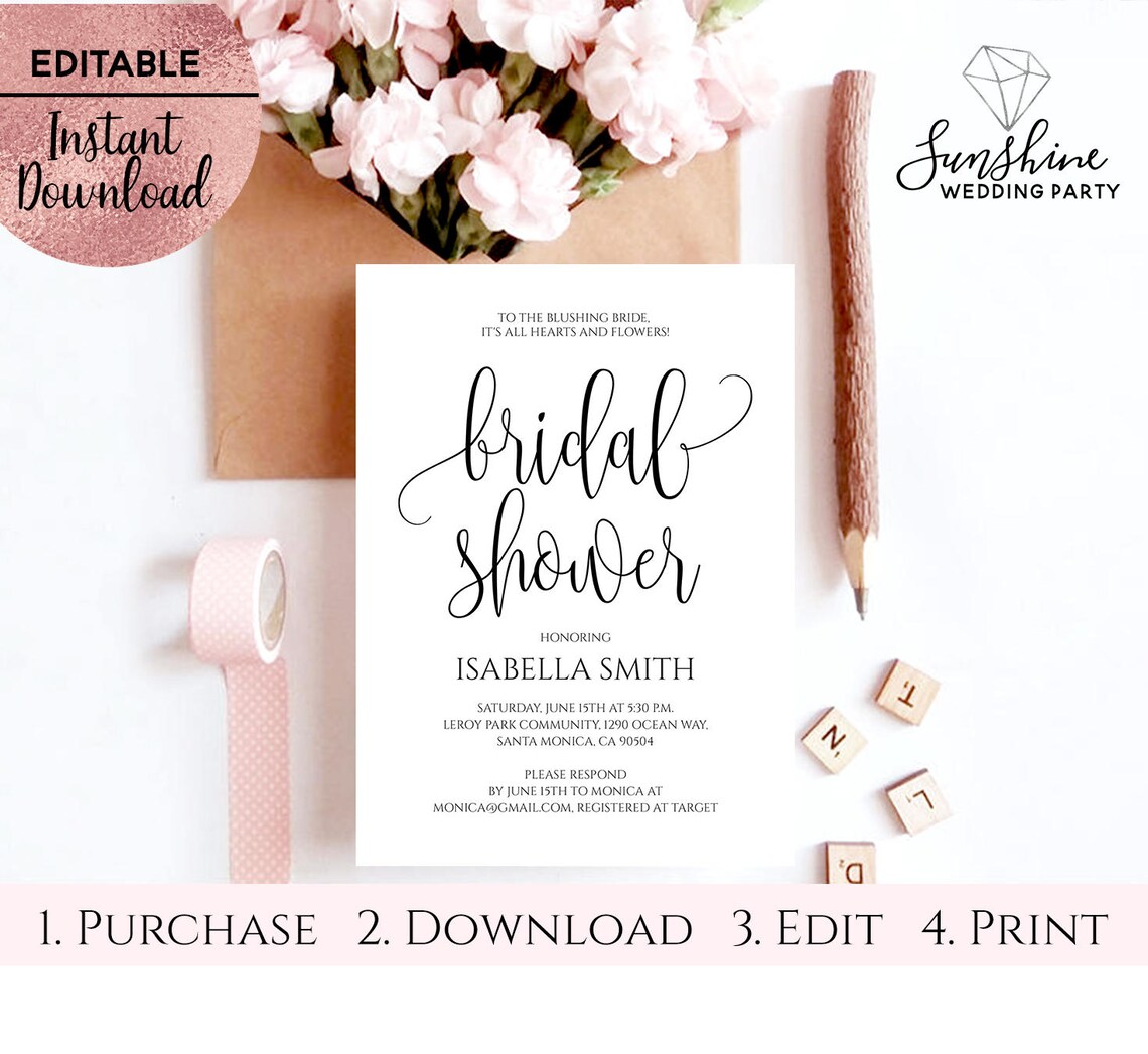 Bridal Shower Script Font Invitation Template 5x7 Printable Etsy