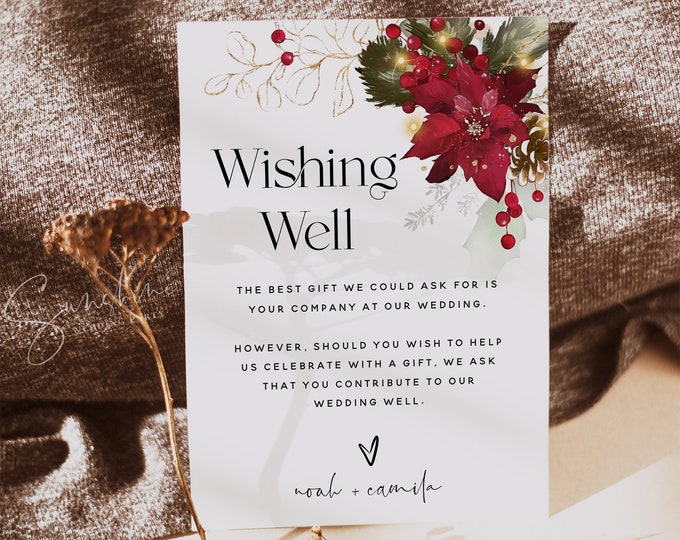 Christmas Wedding Wishing Well Card Template, Winter Wedding, Christmas Flower, Wishing Well Cards, Insert Cards, Editable Template, F25