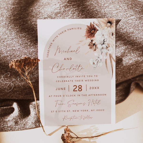 Terracotta Wedding Invitation Template, Boho Floral Invitation Card, Wedding Invitation Template, Editable Invitation, Instant Download, F24