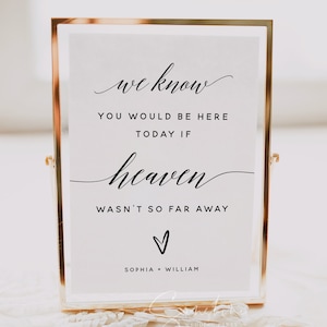 Peut inclure: Une pancarte blanche dans un cadre dor&eacute; avec le texte "we know you would be here today if heaven wasn't so far away" avec un symbole de c&oelig;ur et les noms "Sophia + William" en dessous.