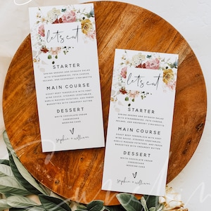 Plantilla de menú de boda Marsala, menú de boda con flores de jardín, menú de boda floral, menú de boda imprimible, plantilla de menú, descarga instantánea F16