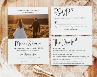 Minimalist Photo Invitation Suite Template, Modern Wedding, Wedding Photo Invitation, Wedding RSVP, Wedding Details, Editable Template, M18