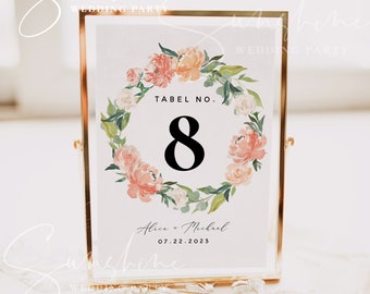 Peach Floral Wedding Table Number Sign Template, Printable Wedding Table Number Card Template, Editable Sign, Instant Download, Templett, F1