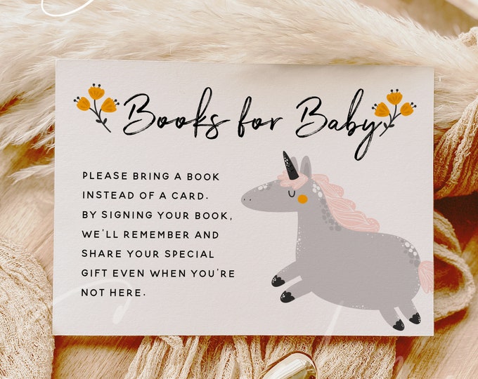 Unicorn Books for Baby Card Template, Baby Shower, Books for Baby Insert Card, Stock the Library Insert Card, Instant Download, Templett, B2