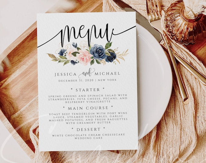 Navy & Blush Wedding Menu Template Printable Menu Editable Menu Wedding Menu Template Menu Template Floral Menu Templett Instant Download F6