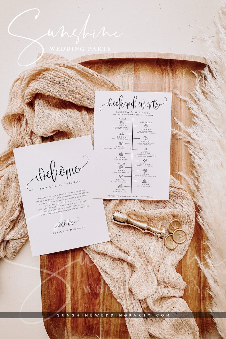 Puede incluir: Un cartel de bienvenida para un fin de semana de boda con fondo blanco y texto negro. El texto dice "Bienvenidos Familia y Amigos" e incluye un mensaje sobre la alegr&iacute;a de la celebraci&oacute;n de la boda. El cartel tambi&eacute;n incluye el texto "Con amor, Jessica & Michael".