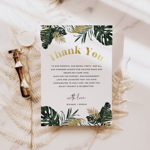 Plantilla de tarjeta de agradecimiento con vegetación tropical, boda con monstera, carta de agradecimiento, notas de agradecimiento, tarjetas de agradecimiento, plantilla editable para hacer uno mismo, TG1
