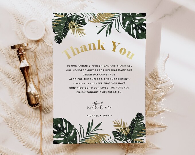 Tropical Greenery Thank You Cards Template, Monstera Wedding, Thank You Letter, Thank You Notes, Thank You Cards, DIY Editable Template, TG1