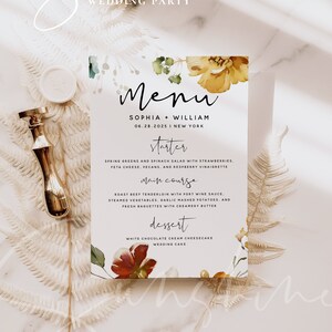 Plantilla de menú de boda Marsala, menú de boda con flores de jardín, menú de boda floral, menú de boda imprimible, plantilla de menú, descarga instantánea F16
