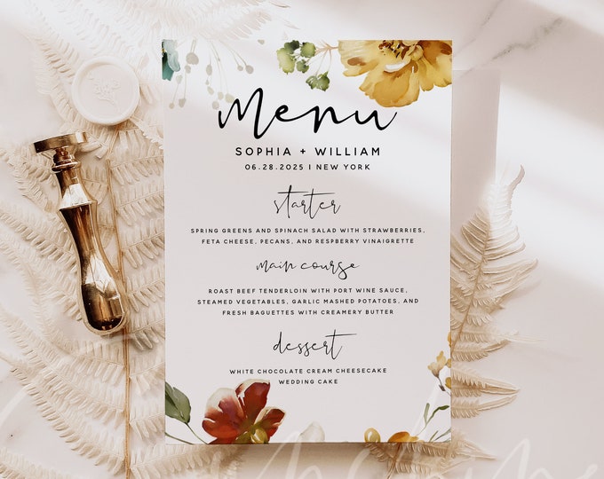 Marsala Wedding Menu Template, Garden Flowers Wedding Menu, Floral Wedding Menu, Printable Wedding Menu, Menu Template, Instant Download F16