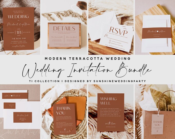 Terracotta Wedding Invitation Bundle, Modern Minimalist, Invitation Template, Wedding Bundle, Invitation Suite, DIY Editable Template, T1