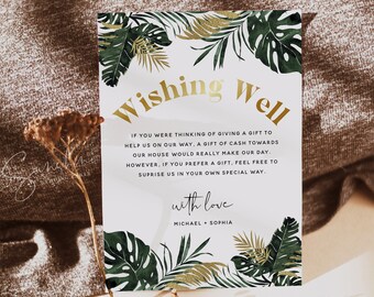 Tropical Greenery Wedding Wishing Well Card Template, Monstera Wedding, Wishing Well Sign, Boho Wishing Well Card, Editable Template, TG1