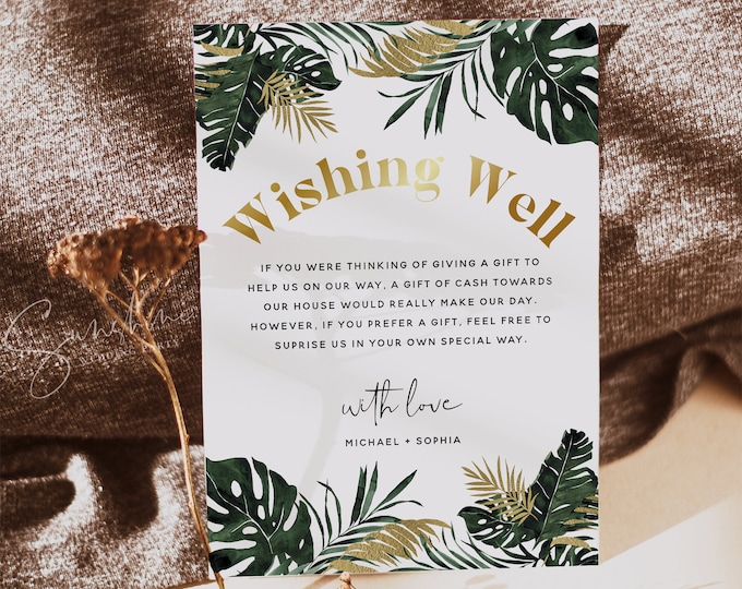 Tropical Greenery Wedding Wishing Well Card Template, Monstera Wedding, Wishing Well Sign, Boho Wishing Well Card, Editable Template, TG1