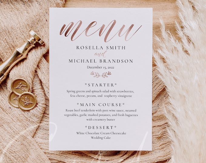 Rose Gold Foil Wedding Menu Template Printable Fashion Script Font Wedding Menu Template 5x7 Online Editable Instant Digital Download