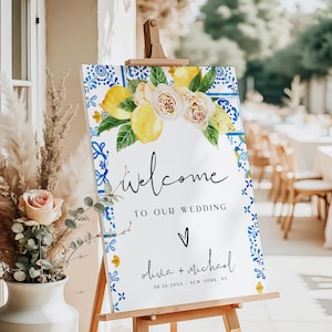 Lemon Wedding Welcome Sign Template | Editable Blue Tile Welcome Sign | Printable Lemon Floral Wedding Sign Template | Instant Download | L1