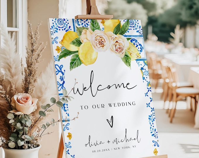 Lemon Wedding Welcome Sign Template | Editable Blue Tile Welcome Sign | Printable Lemon Floral Wedding Sign Template | Instant Download | L1