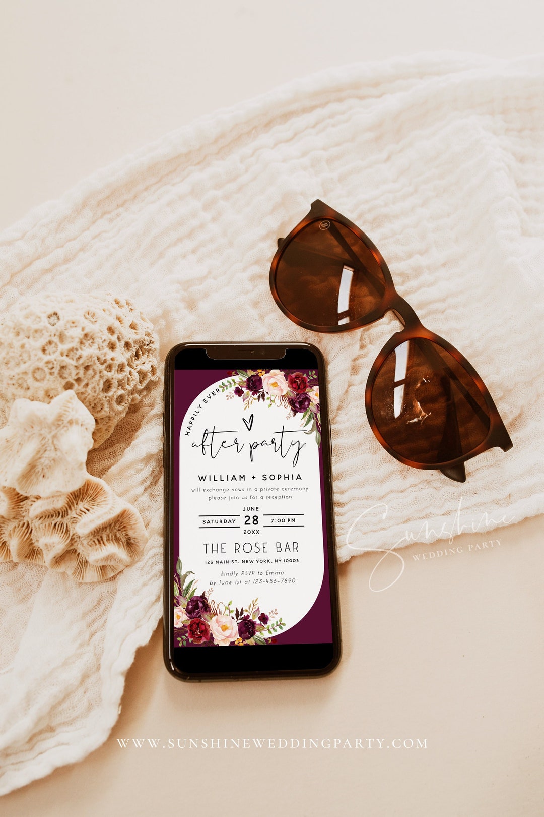 Electronic Reception Invitation Template, Dusty Pink Burgundy Floral ...