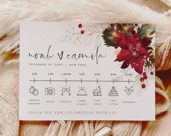 Christmas Wedding Itinerary Template, Wedding Timeline Template, Order of Events, Winter Wedding, Itinerary Cards, Editable Template, F25