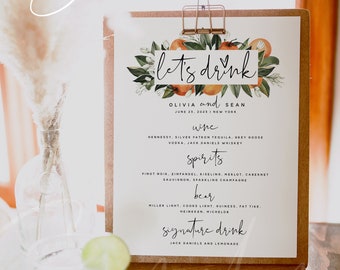 Let's Drink Menu Template, Citrus The Bar Menu, Wedding Drink Menu, DIY Printable Menu, Instant Download, Editable Reception Drink Menu, C2