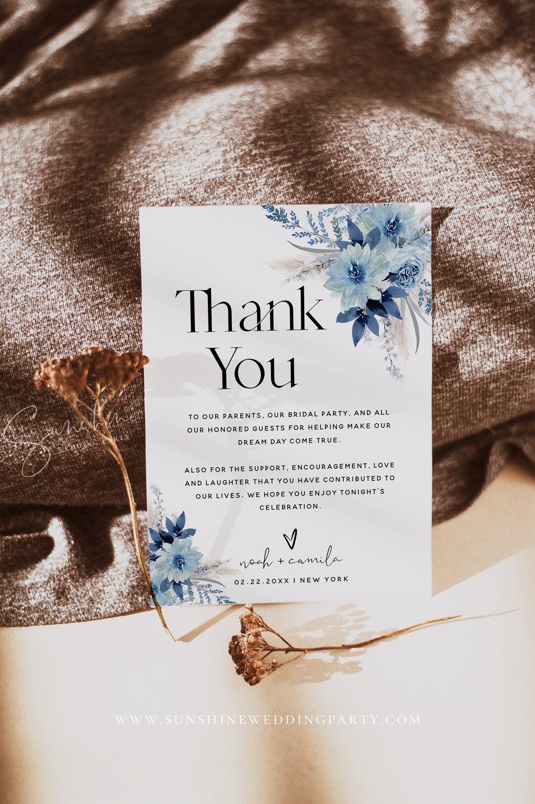 Dusty Blue Floral Thank You Card Template, Bohemian Wedding, Thank You ...