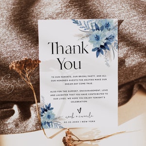 Plantilla de tarjeta de agradecimiento con diseño floral en azul polvoriento, boda bohemia, tarjetas de agradecimiento, tarjetas de agradecimiento, tarjetas imprimibles, plantilla editable, F20
