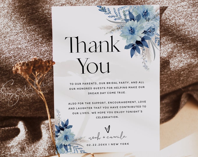 Dusty Blue Floral Thank You Card Template, Bohemian Wedding, Thank You Cards, Thank You Note Cards, Printable Cards, Editable Template, F20