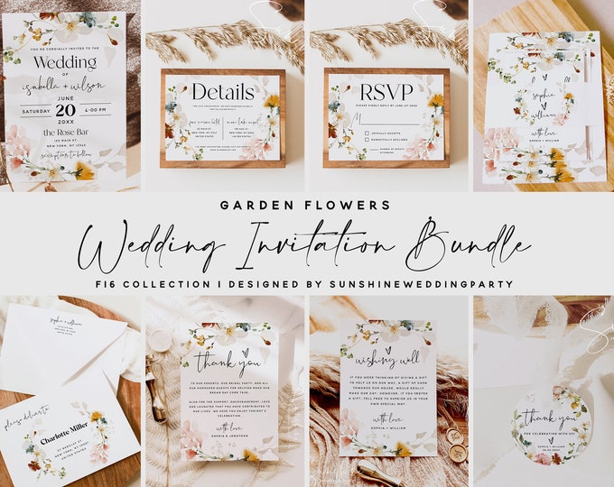 Wedding Invitation Bundle, Garden Flowers, Wedding Invitation Kit, Wedding Invite Suite, Wedding Invite Set, Editable Template, F16